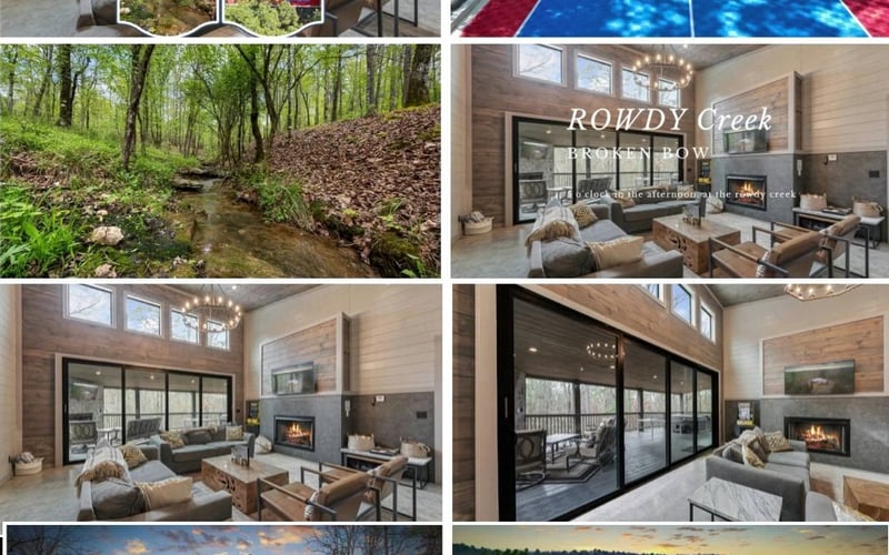 Rowdy Creek collage: living room, fireplace, pickleball court, and wooded setting