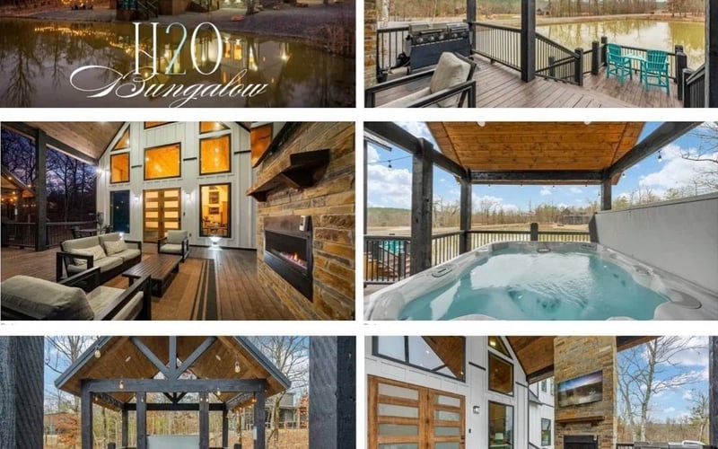 H20 Bungalow collage: lakeside house with outdoor decks, hot tub, and indoor living spaces